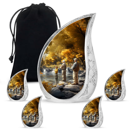 Gilded Gold Fishing Cremation Urn side profile showing urn shape - rounded teardrop fishing design with delicate detail - memorial set with one large and four small urns