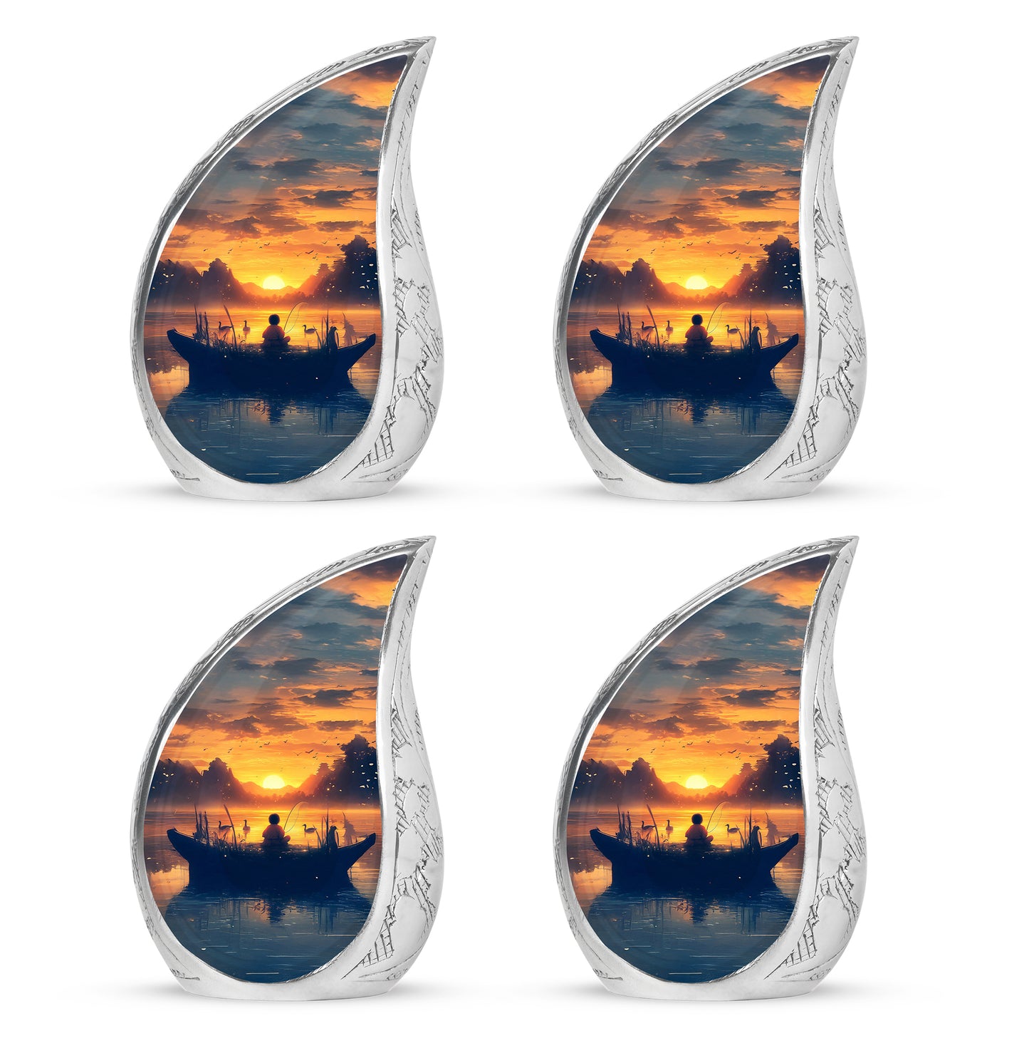 Warm Gold Fishing Cremation Urn close-up of engraving and surface detail - smooth teardrop contour featuring fishing art - 10 inch aluminum urn for cremated remains