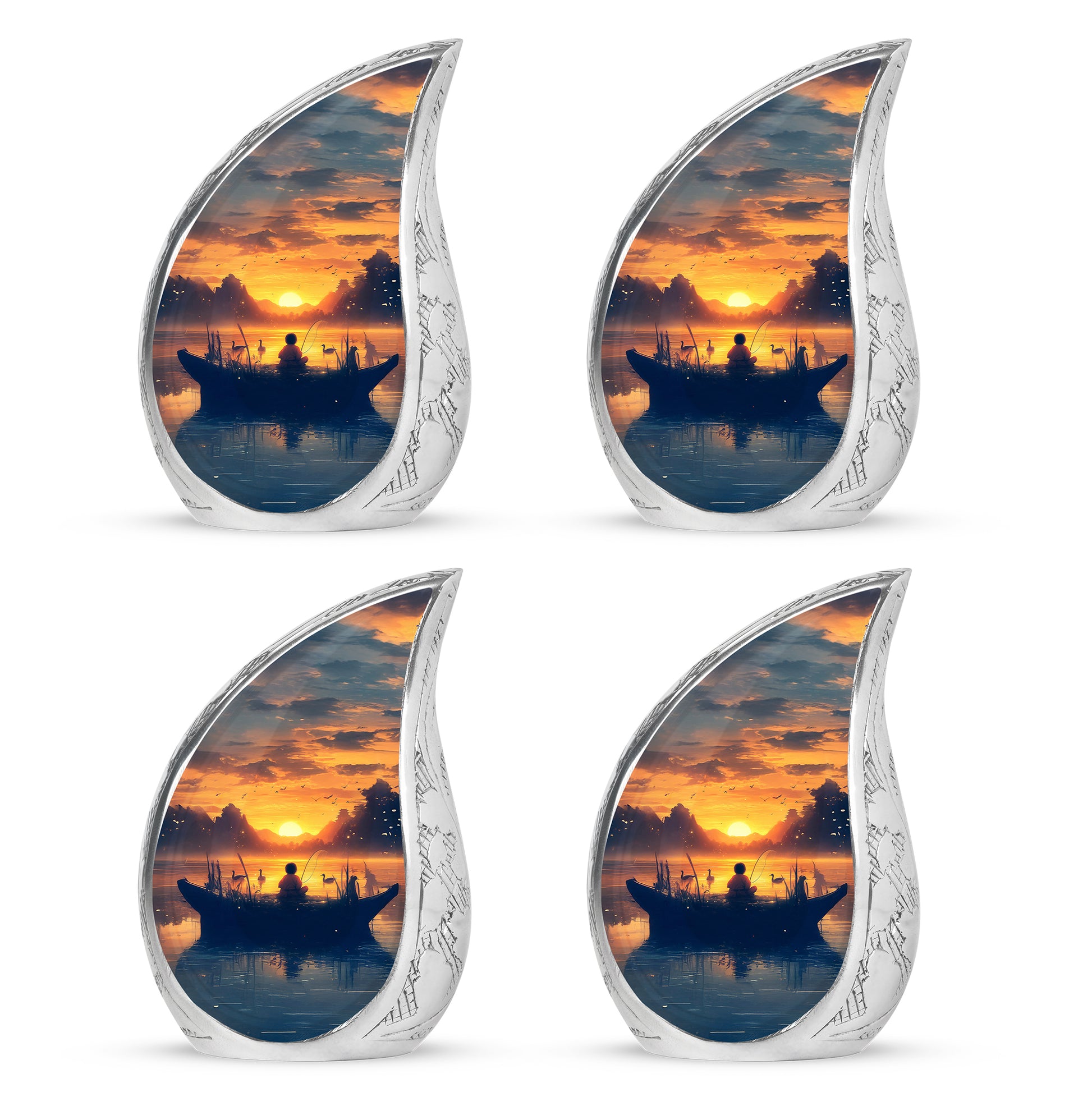 Warm Gold Fishing Cremation Urn close-up of engraving and surface detail - smooth teardrop contour featuring fishing art - 10 inch aluminum urn for cremated remains