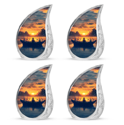 Warm Gold Fishing Cremation Urn close-up of engraving and surface detail - smooth teardrop contour featuring fishing art - 10 inch aluminum urn for cremated remains
