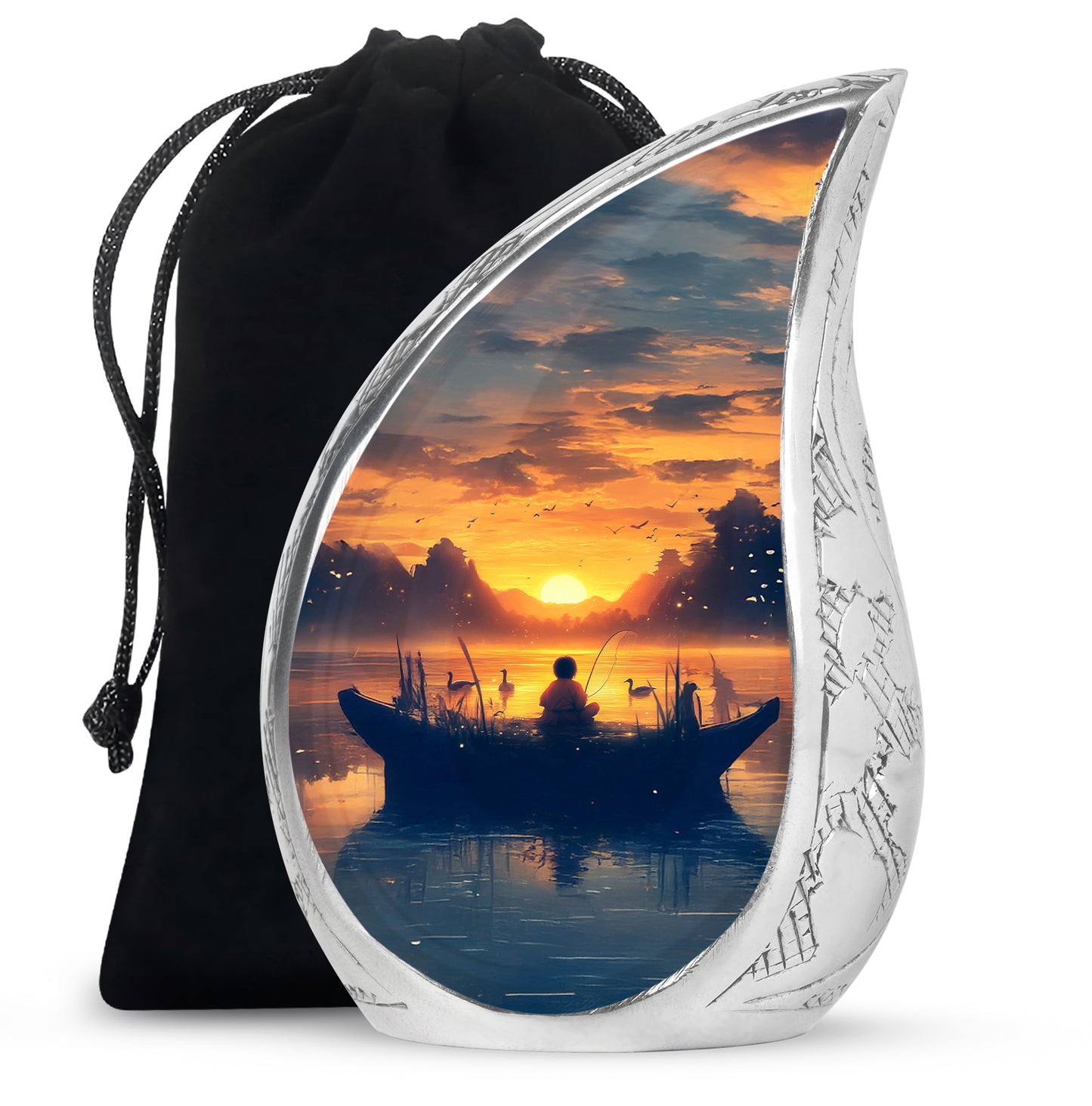 Gilded Gold Fishing Cremation Urn front view showing detailed design - flowing teardrop fishing silhouette on curved aluminum - full-size 10 inch 200 cubic inch adult cremation urn