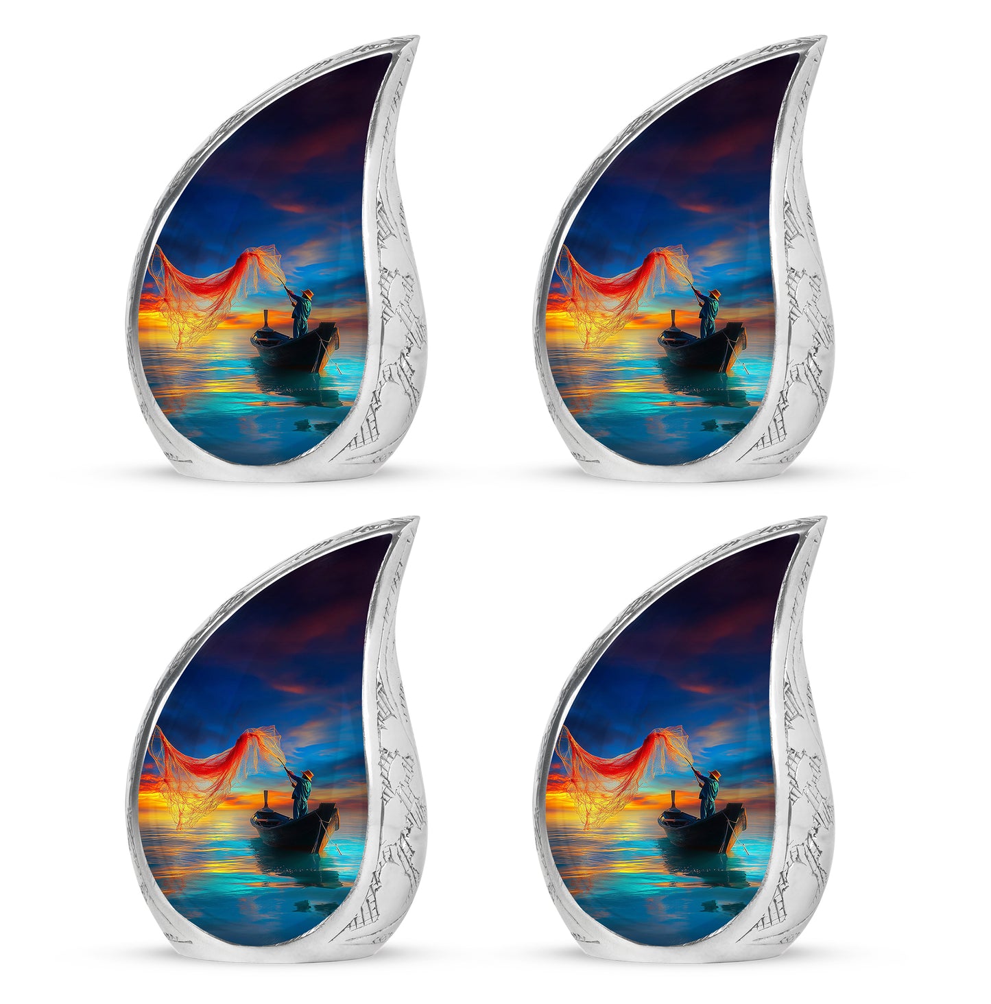 Soft Blue Fishing Cremation Urn close-up of engraving and surface detail - graceful tear-shaped urn with fishing motif - 10 inch aluminum urn for cremated remains