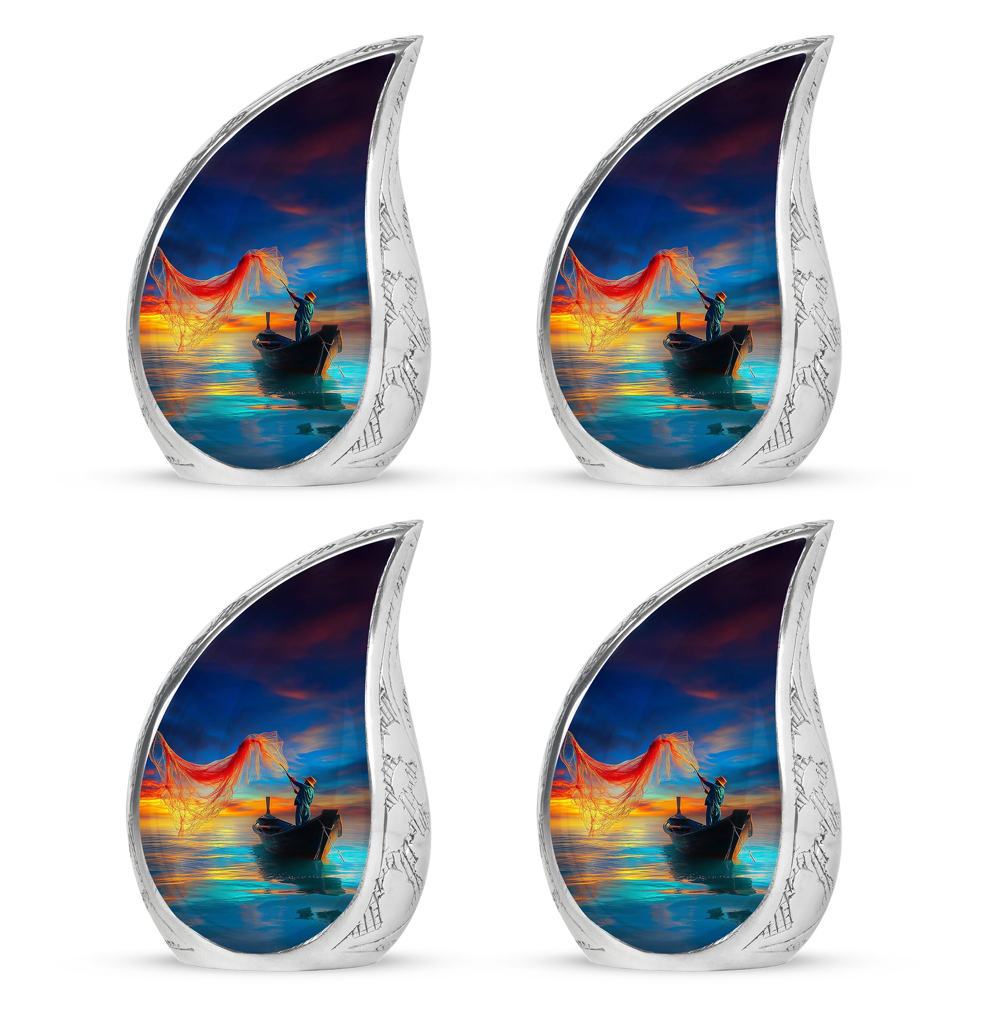 Soft Blue Fishing Cremation Urn close-up of engraving and surface detail - graceful tear-shaped urn with fishing motif - 10 inch aluminum urn for cremated remains