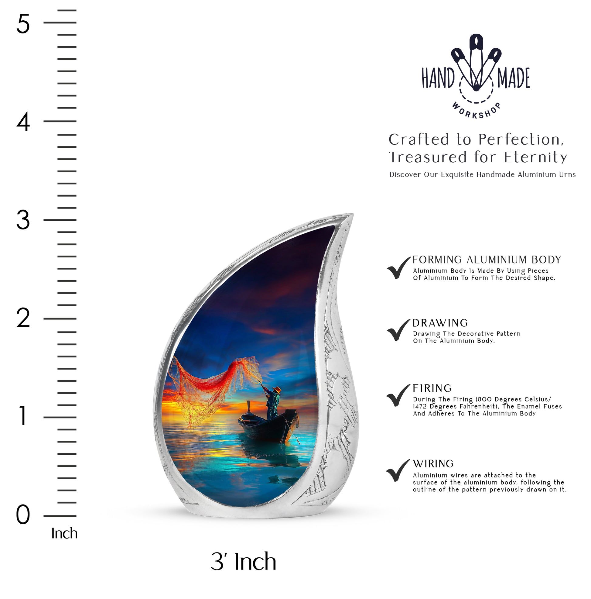Indigo Fishing Cremation Urn angled view of lid and engraved motif - rounded teardrop fishing design with delicate detail - mini keepsake memorial for portion of cremation ashes