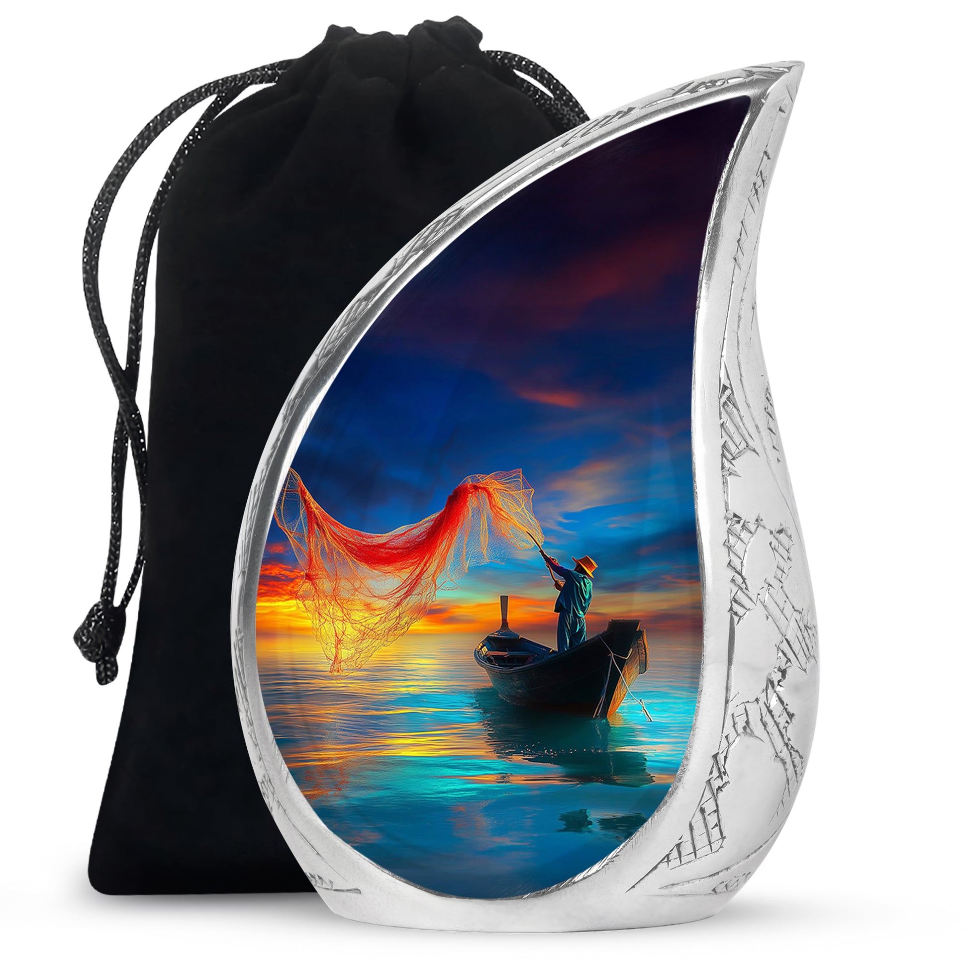 Azure Fishing Cremation Urn front view showing detailed design - flowing teardrop fishing silhouette on curved aluminum - full-size 10 inch 200 cubic inch adult cremation urn