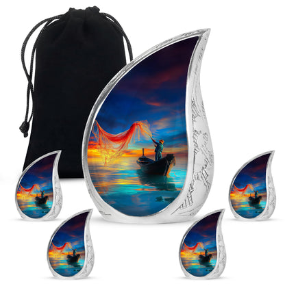 Serene Blue Fishing Cremation Urn side profile showing urn shape - graceful tear-shaped urn with fishing motif - memorial set with one large and four small urns