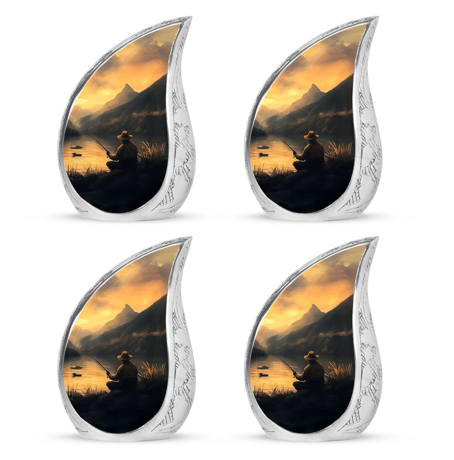 Royal Gold Fishing Cremation Urn close-up of engraving and surface detail - smooth teardrop contour featuring fishing art - 10 inch aluminum urn for cremated remains
