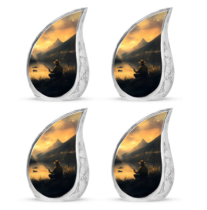Royal Gold Fishing Cremation Urn close-up of engraving and surface detail - smooth teardrop contour featuring fishing art - 10 inch aluminum urn for cremated remains