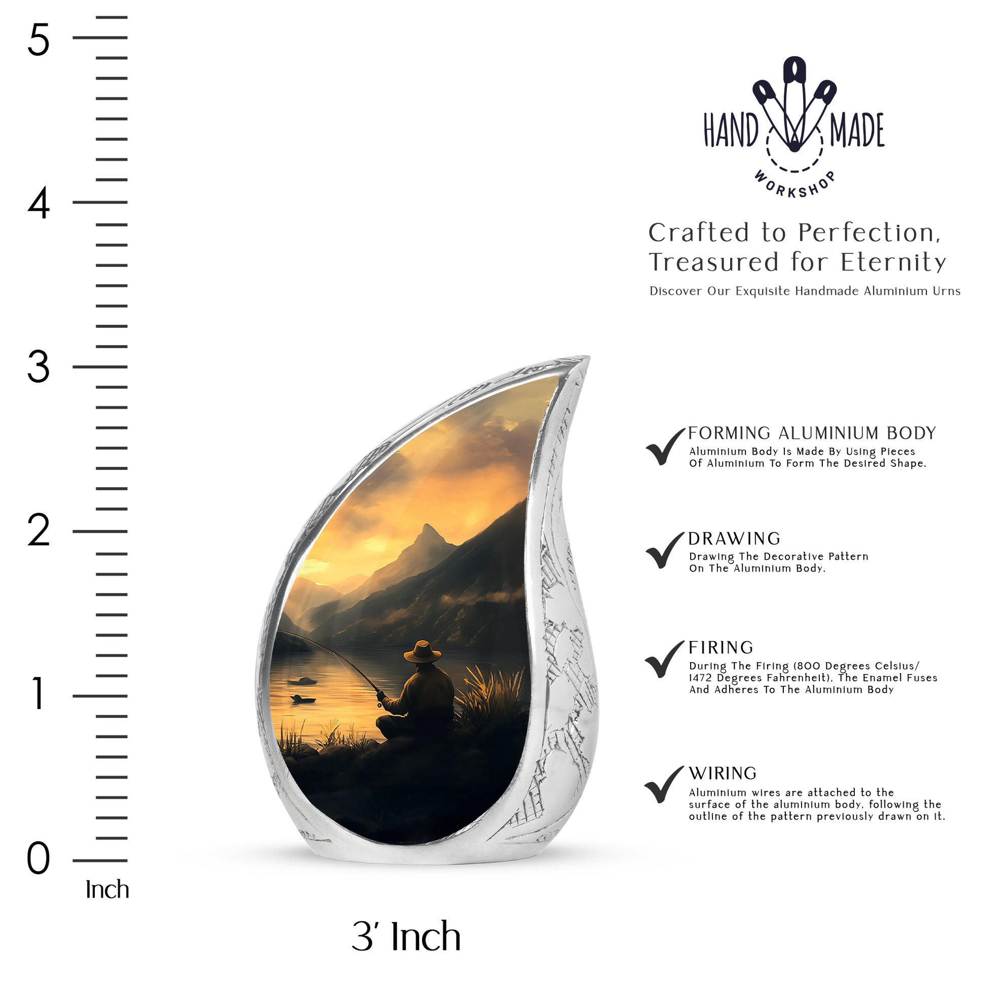 Matte Gold Fishing Cremation Urn angled view of lid and engraved motif - graceful tear-shaped urn with fishing motif - mini keepsake memorial for portion of cremation ashes