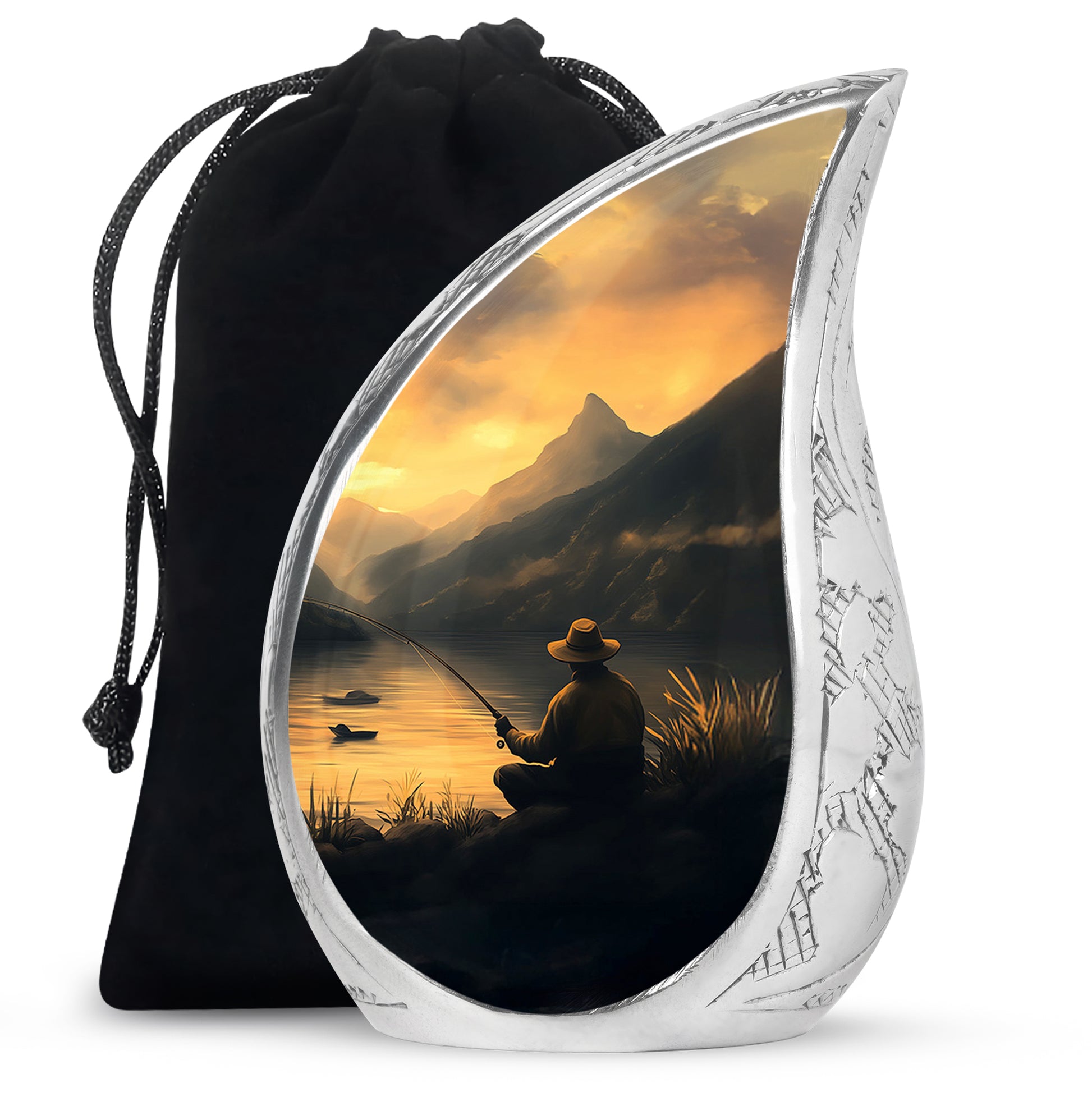 Matte Gold Fishing Cremation Urn front view showing detailed design - smooth teardrop contour featuring fishing art - full-size 10 inch 200 cubic inch adult cremation urn