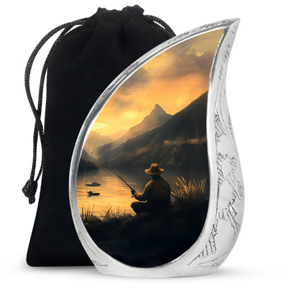 Matte Gold Fishing Cremation Urn front view showing detailed design - smooth teardrop contour featuring fishing art - full-size 10 inch 200 cubic inch adult cremation urn