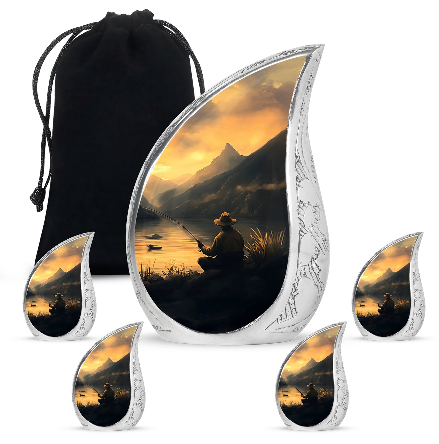 Sunrise Gold Fishing Cremation Urn side profile showing urn shape - flowing teardrop fishing silhouette on curved aluminum - memorial set with one large and four small urns
