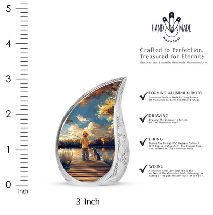Cornflower Blue Fishing Cremation Urn angled view of lid and engraved motif - smooth teardrop contour featuring fishing art - mini keepsake memorial for portion of cremation ashes