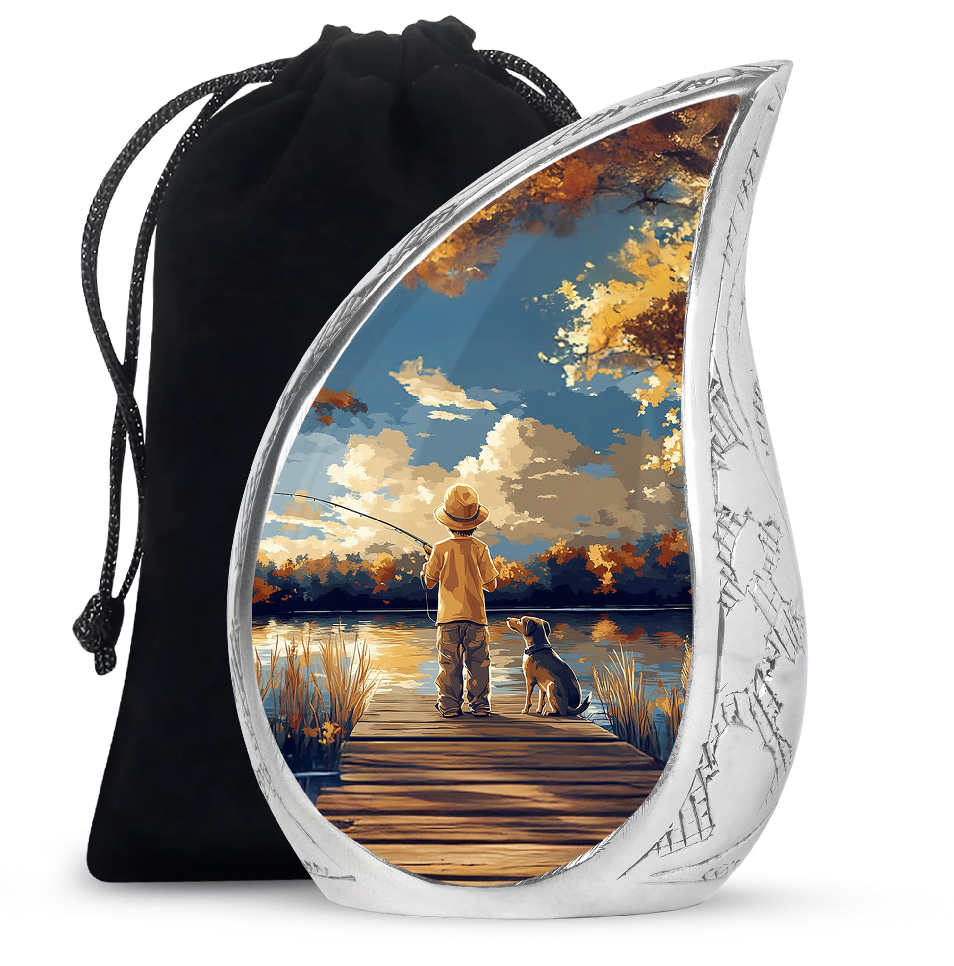 Calming Blue Fishing Cremation Urn front view showing detailed design - smooth teardrop contour featuring fishing art - full-size 10 inch 200 cubic inch adult cremation urn
