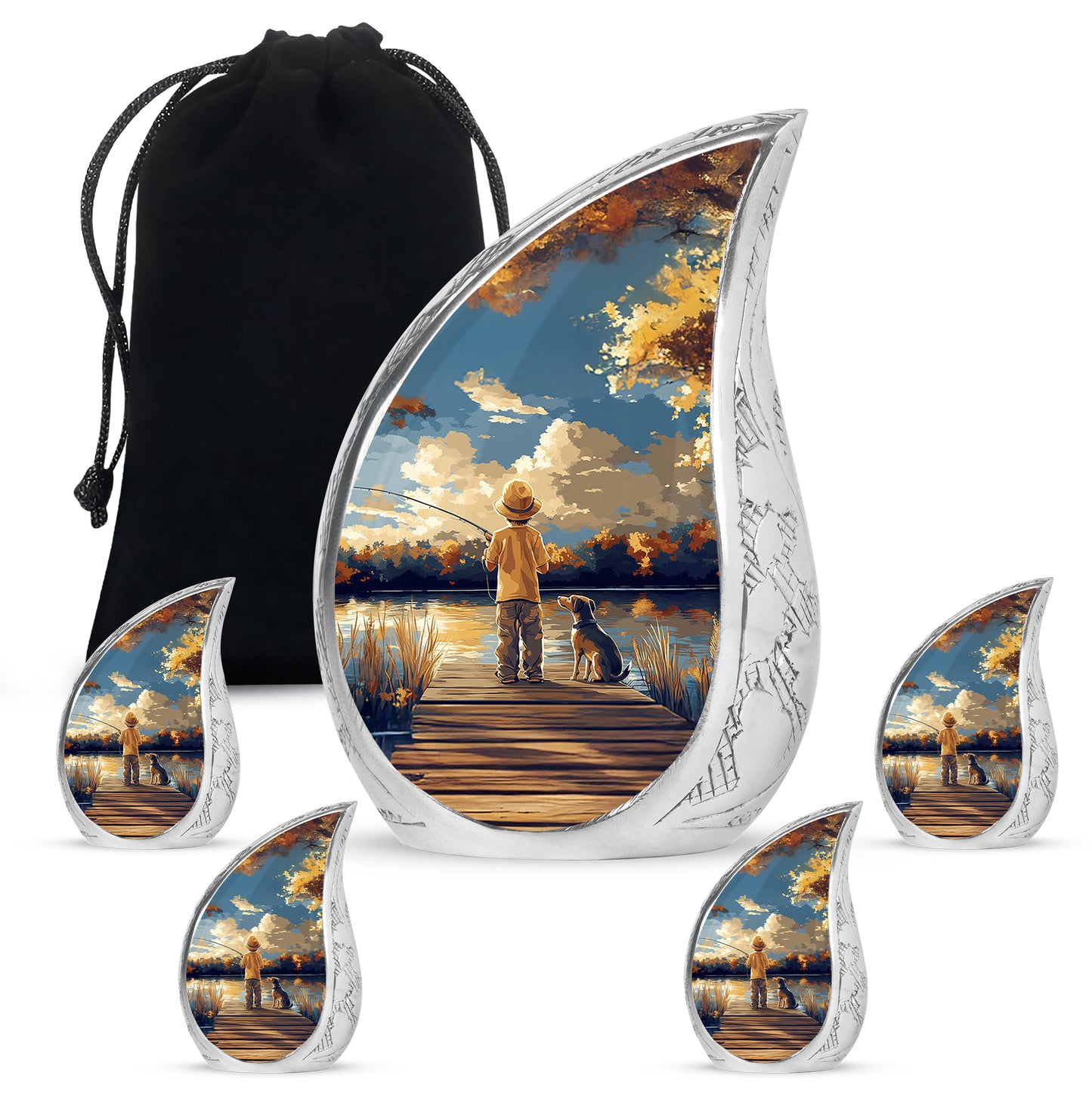 Vivid Blue Fishing Cremation Urn side profile showing urn shape - smooth teardrop contour featuring fishing art - memorial set with one large and four small urns