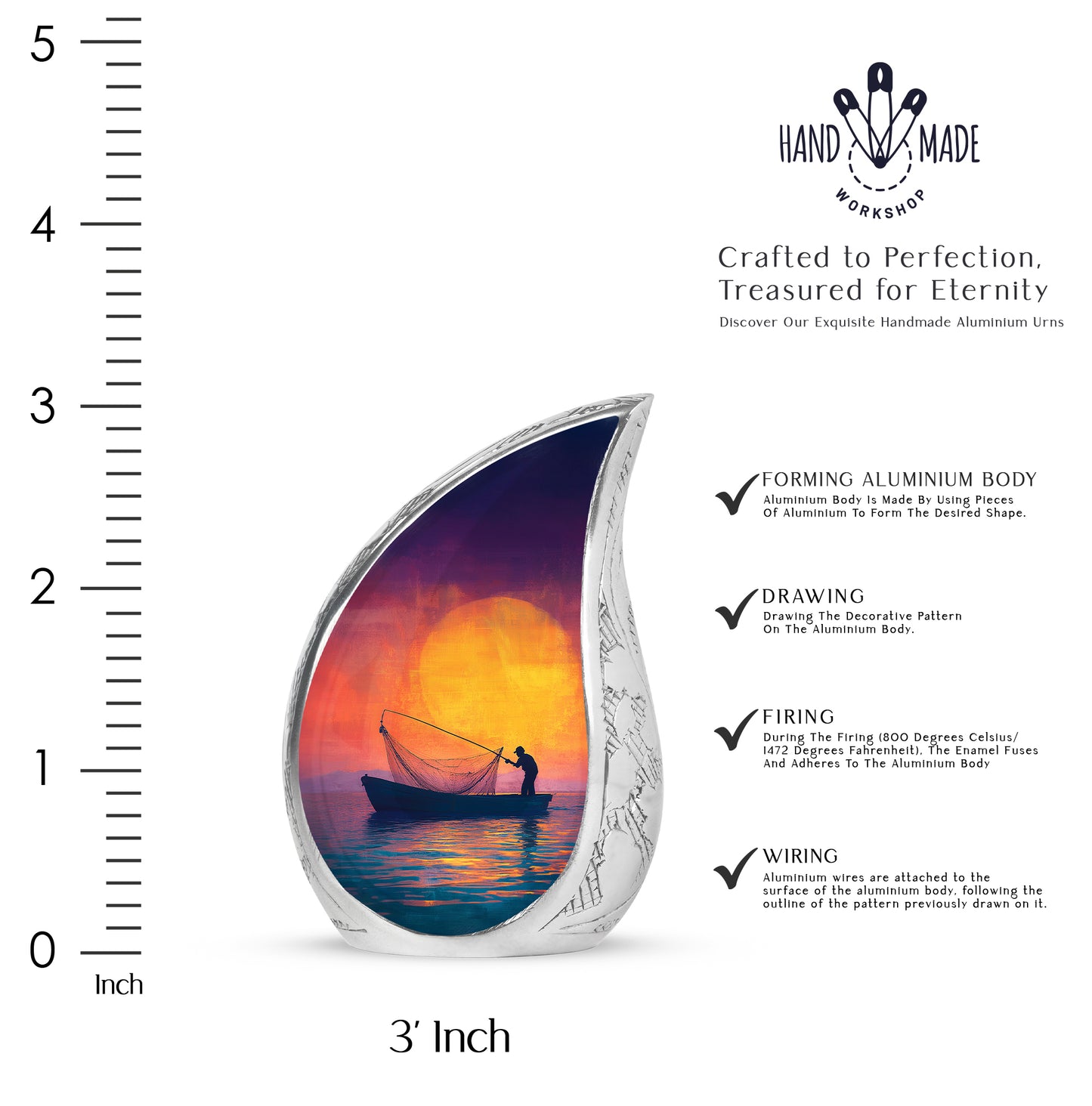 Dusty Pink Fishing Cremation Urn angled view of lid and engraved motif - graceful tear-shaped urn with fishing motif - mini keepsake memorial for portion of cremation ashes