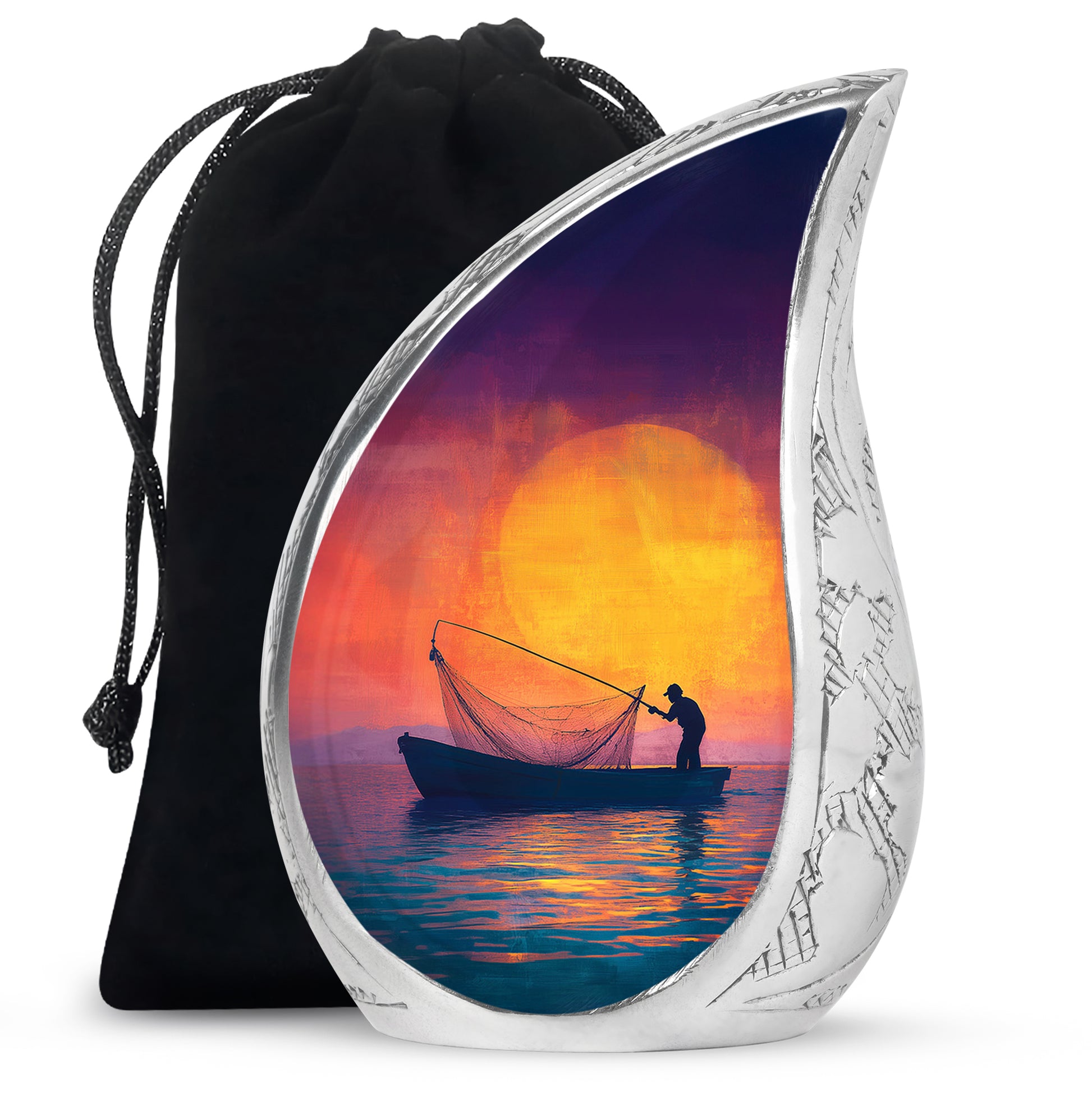 Pastel Pink Fishing Cremation Urn front view showing detailed design - flowing teardrop fishing silhouette on curved aluminum - full-size 10 inch 200 cubic inch adult cremation urn