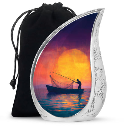 Pastel Pink Fishing Cremation Urn front view showing detailed design - flowing teardrop fishing silhouette on curved aluminum - full-size 10 inch 200 cubic inch adult cremation urn