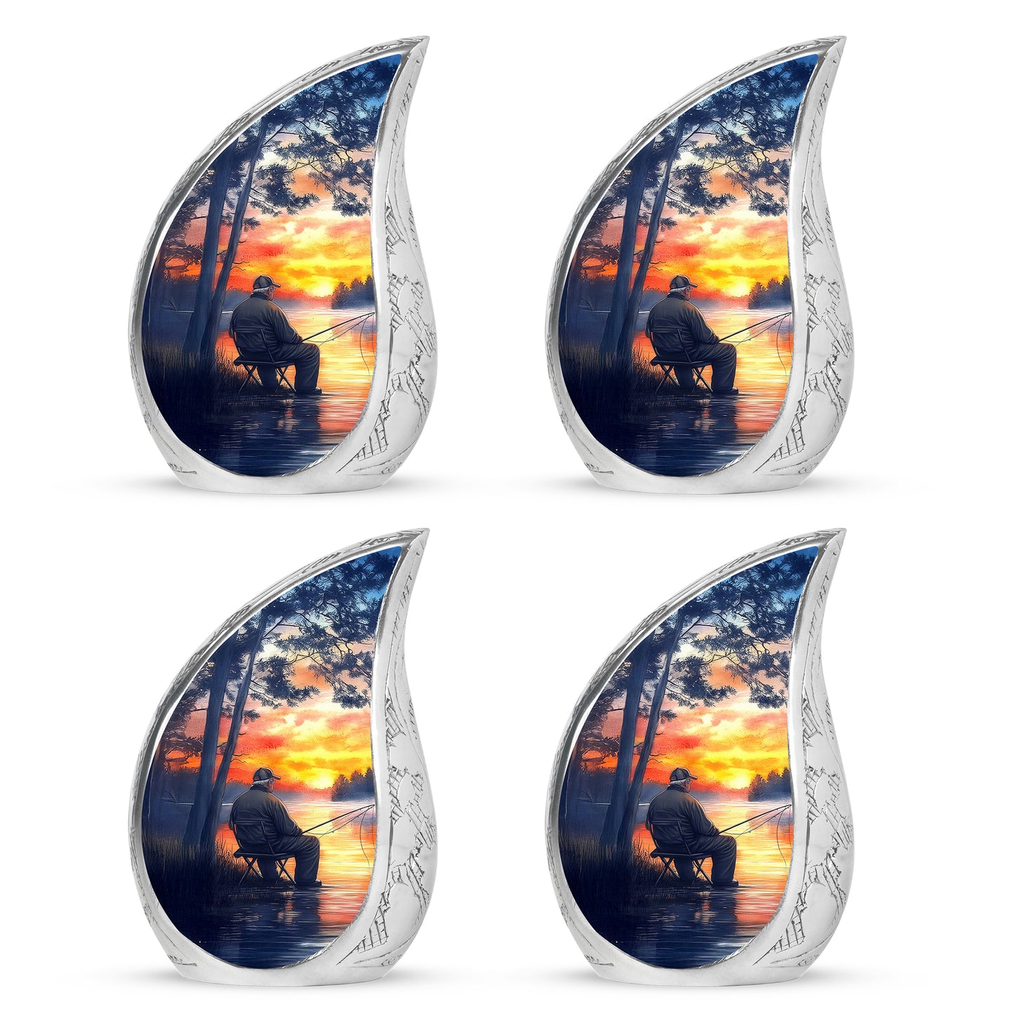 Celestial Blue Fishing Cremation Urn close-up of engraving and surface detail - rounded teardrop fishing design with delicate detail - 10 inch aluminum urn for cremated remains