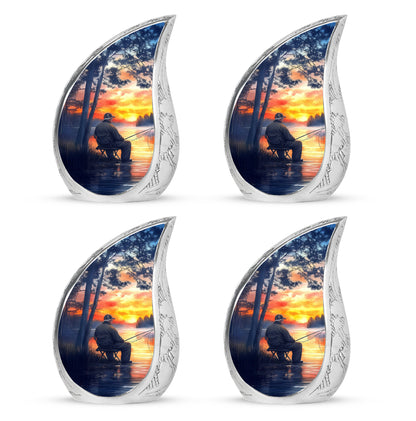 Celestial Blue Fishing Cremation Urn close-up of engraving and surface detail - rounded teardrop fishing design with delicate detail - 10 inch aluminum urn for cremated remains