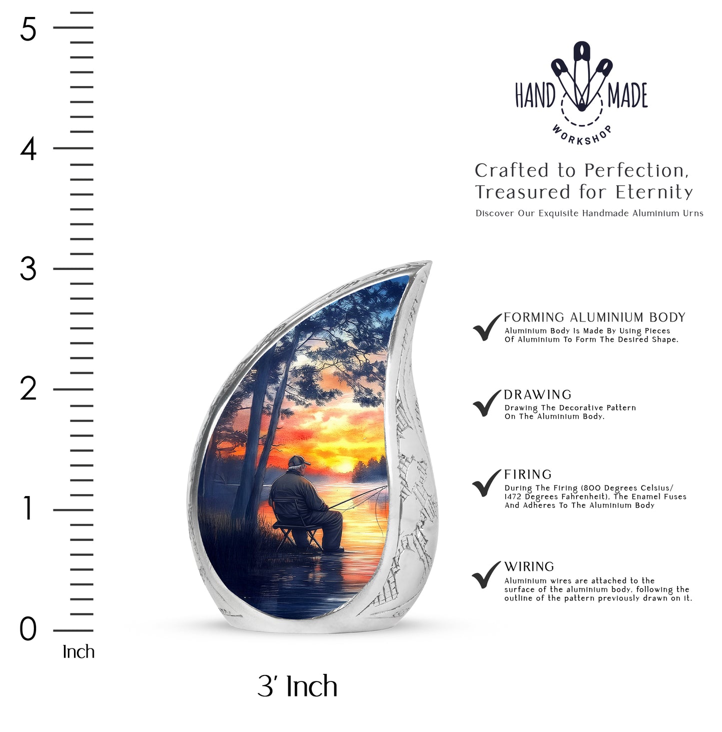 Cobalt Blue Fishing Cremation Urn angled view of lid and engraved motif - graceful tear-shaped urn with fishing motif - mini keepsake memorial for portion of cremation ashes