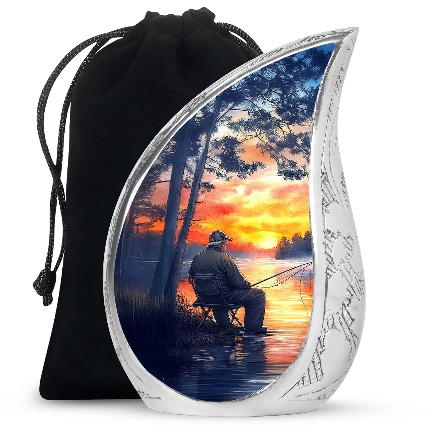 Soft Blue Fishing Cremation Urn front view showing detailed design - smooth teardrop contour featuring fishing art - full-size 10 inch 200 cubic inch adult cremation urn