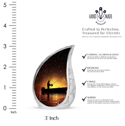 Wine Red Fishing Cremation Urn angled view of lid and engraved motif - rounded teardrop fishing design with delicate detail - mini keepsake memorial for portion of cremation ashes
