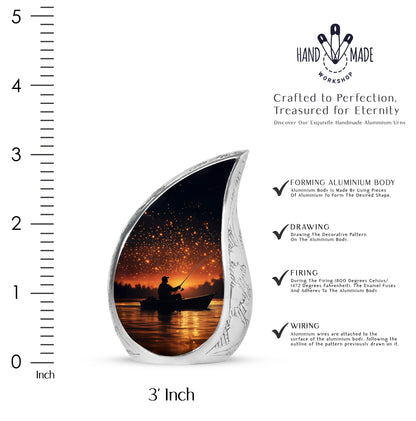 Deep Black Fishing Cremation Urn angled view of lid and engraved motif - flowing teardrop fishing silhouette on curved aluminum - mini keepsake memorial for portion of cremation ashes