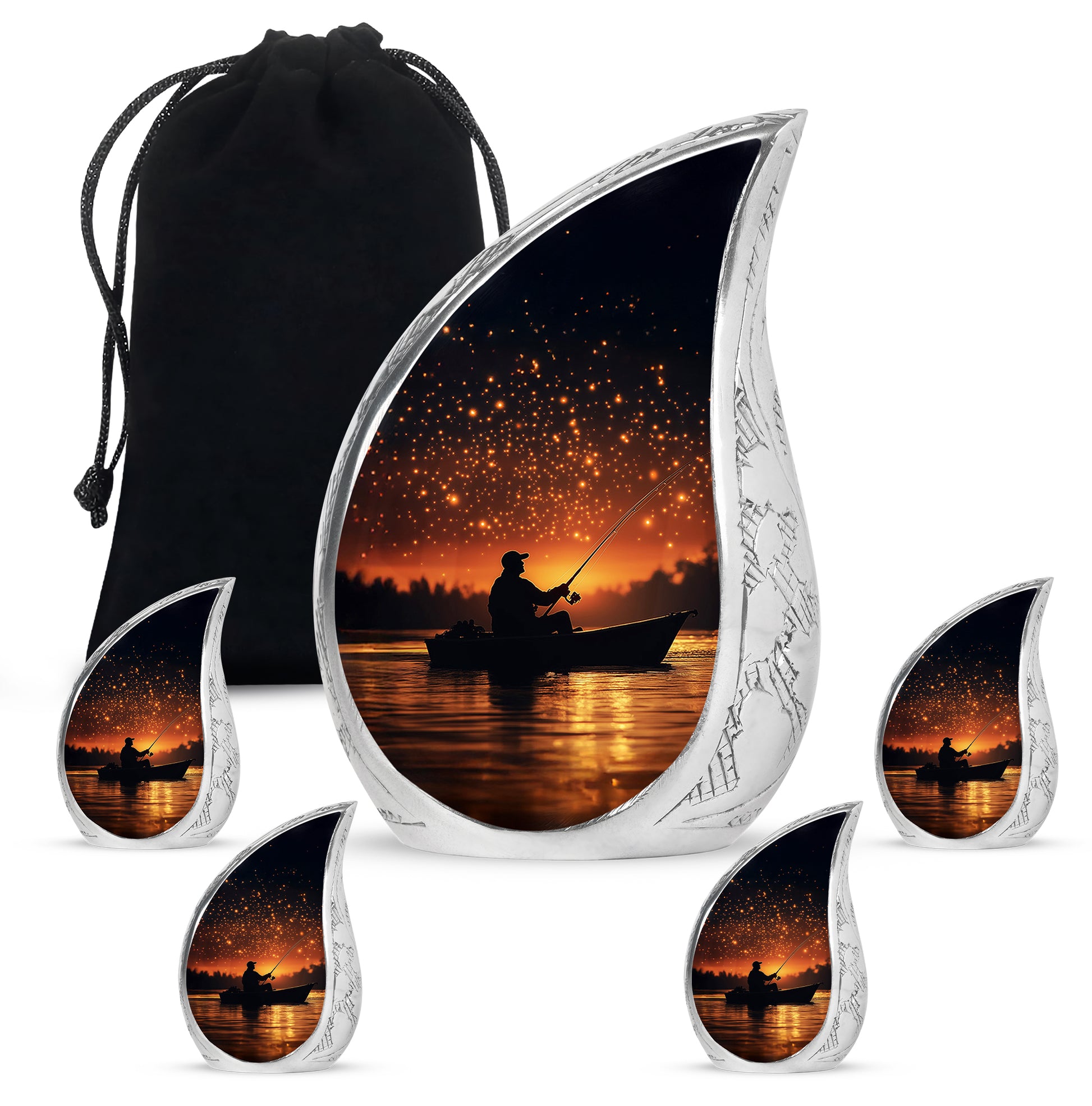 Dark Black Fishing Cremation Urn side profile showing urn shape - graceful tear-shaped urn with fishing motif - memorial set with one large and four small urns