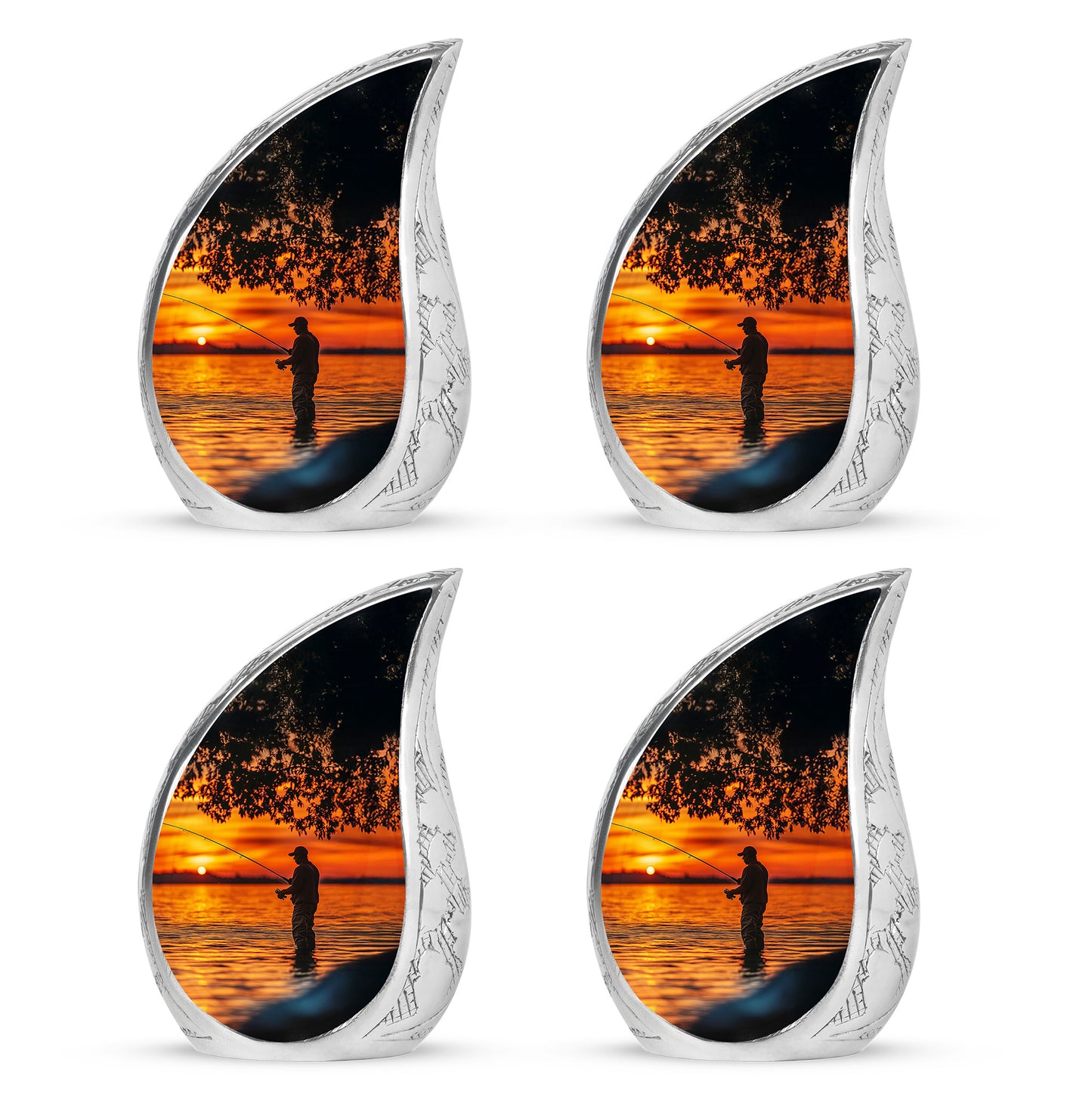 Ebony Fishing Cremation Urn close-up of engraving and surface detail - flowing teardrop fishing silhouette on curved aluminum - 10 inch aluminum urn for cremated remains