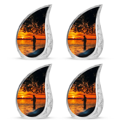 Ebony Fishing Cremation Urn close-up of engraving and surface detail - flowing teardrop fishing silhouette on curved aluminum - 10 inch aluminum urn for cremated remains