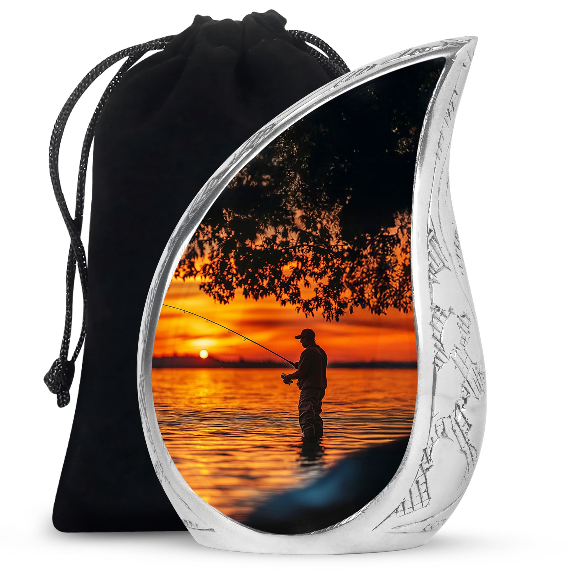 Obsidian Black Fishing Cremation Urn front view showing detailed design - smooth teardrop contour featuring fishing art - full-size 10 inch 200 cubic inch adult cremation urn