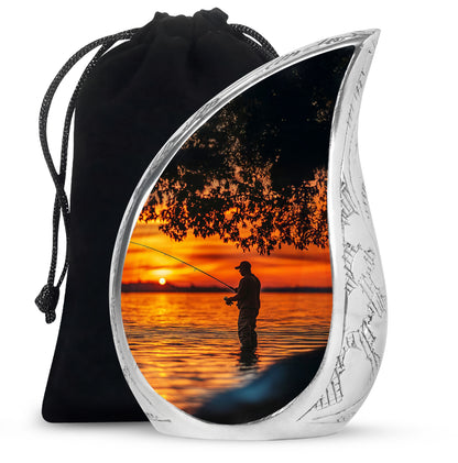 Obsidian Black Fishing Cremation Urn front view showing detailed design - smooth teardrop contour featuring fishing art - full-size 10 inch 200 cubic inch adult cremation urn