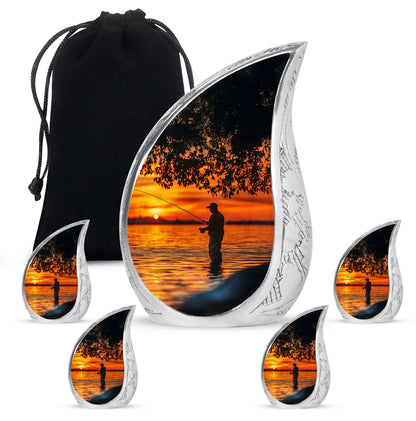 Midnight Black Fishing Cremation Urn side profile showing urn shape - smooth teardrop contour featuring fishing art - memorial set with one large and four small urns
