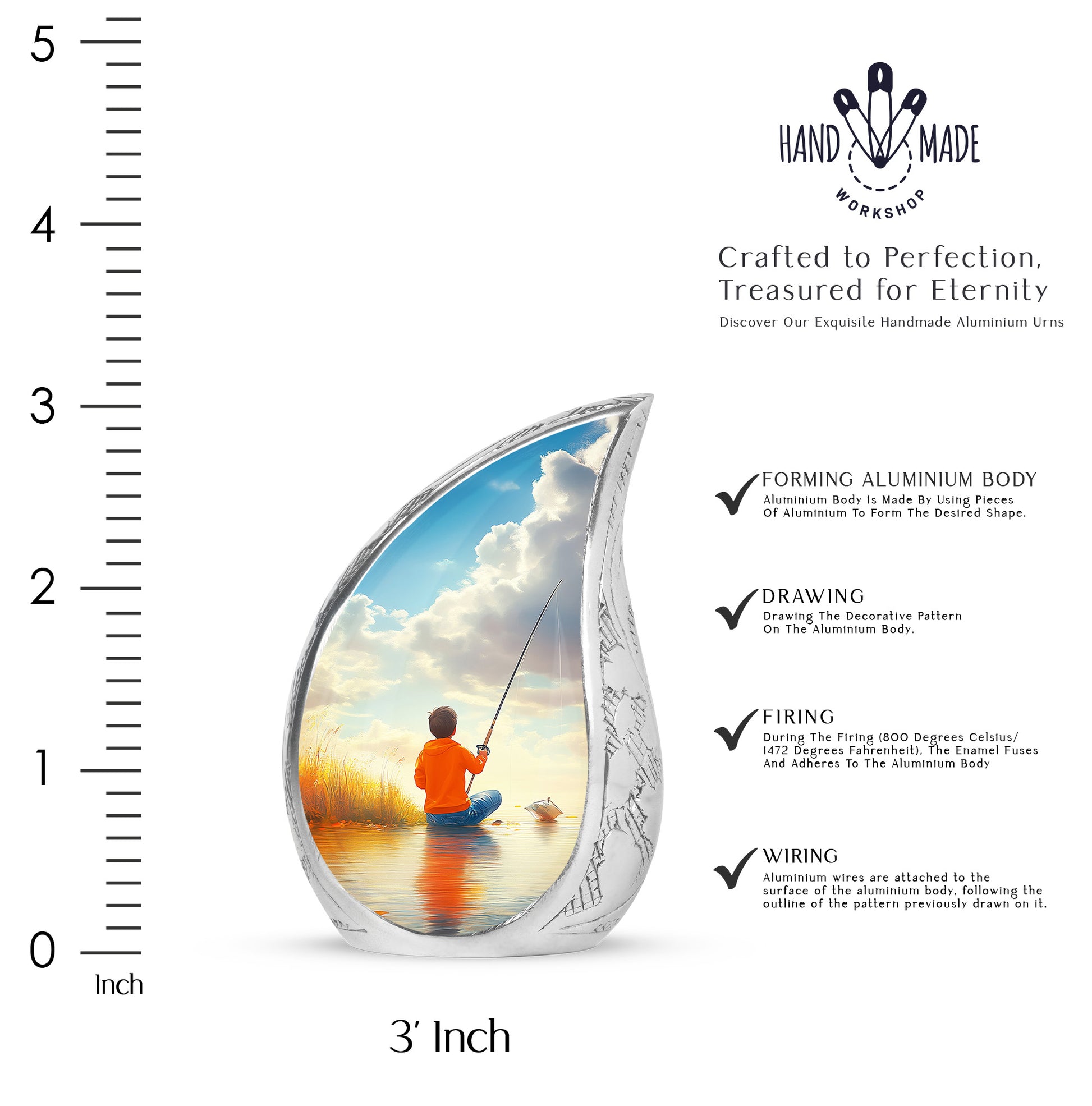 Cool Teal Fishing Cremation Urn angled view of lid and engraved motif - flowing teardrop fishing silhouette on curved aluminum - mini keepsake memorial for portion of cremation ashes