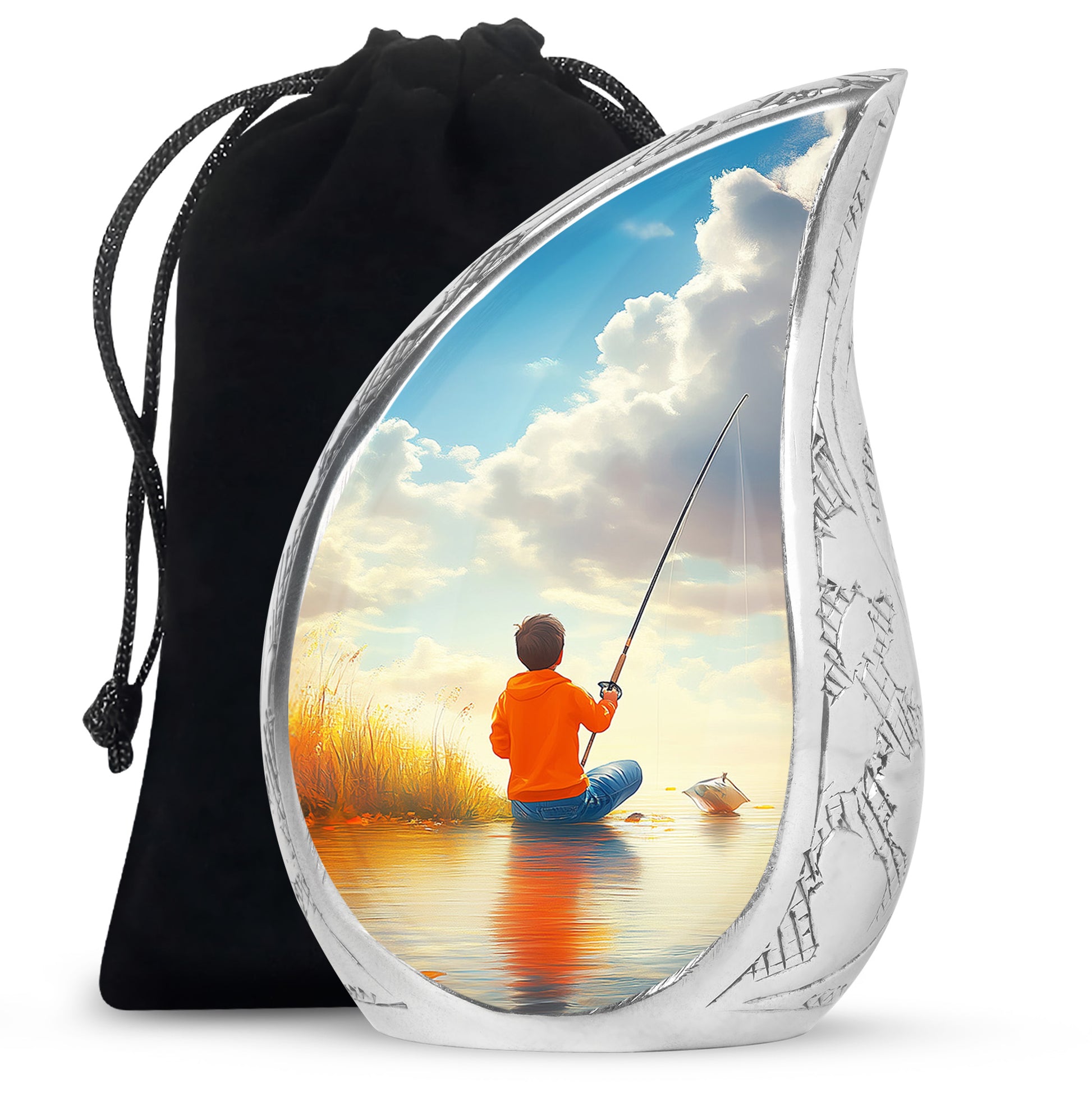Soft Teal Fishing Cremation Urn front view showing detailed design - rounded teardrop fishing design with delicate detail - full-size 10 inch 200 cubic inch adult cremation urn