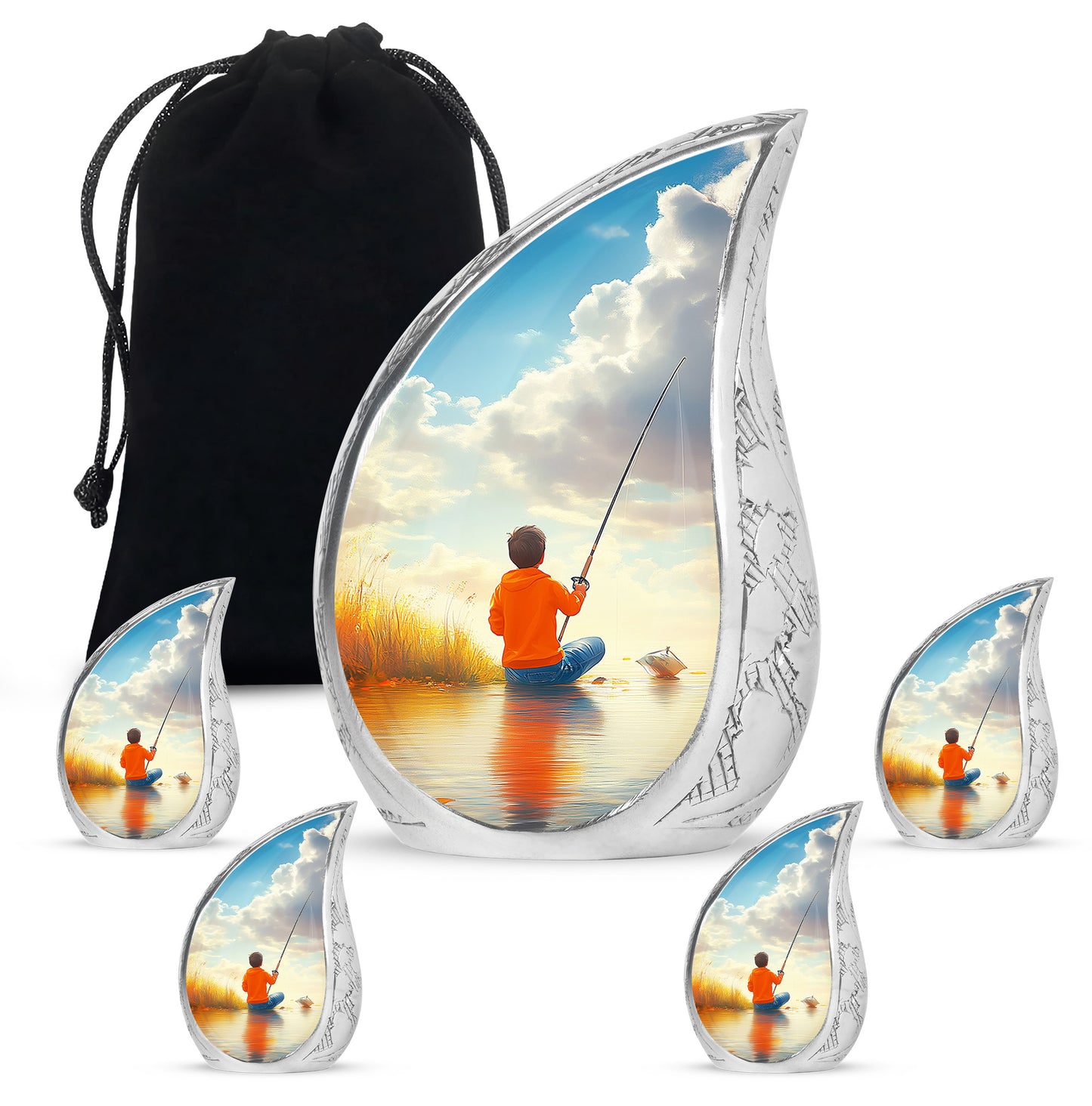 Tropical Teal Fishing Cremation Urn side profile showing urn shape - graceful tear-shaped urn with fishing motif - memorial set with one large and four small urns