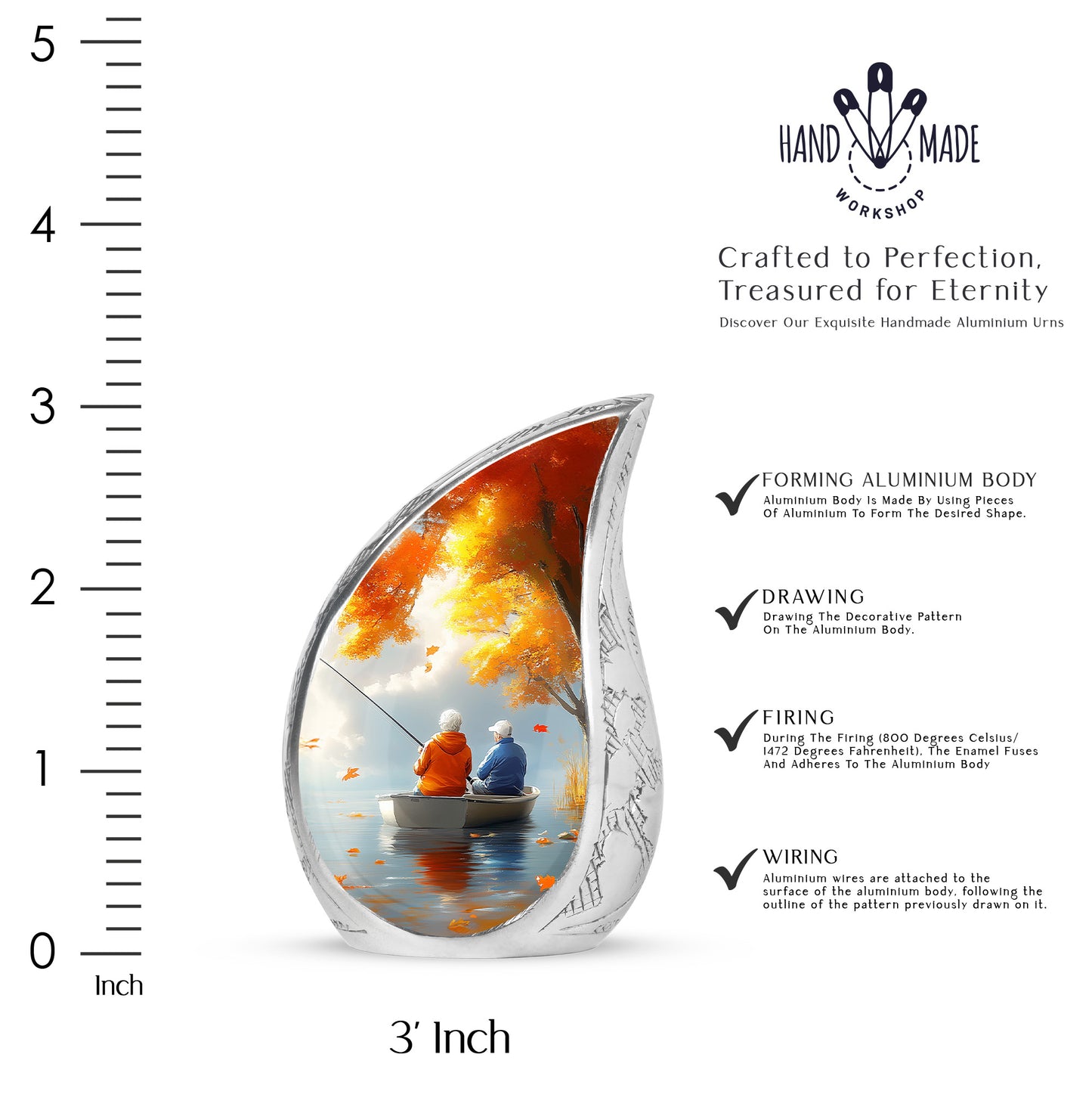 Matte Gold Fishing Cremation Urn angled view of lid and engraved motif - smooth teardrop contour featuring fishing art - mini keepsake memorial for portion of cremation ashes