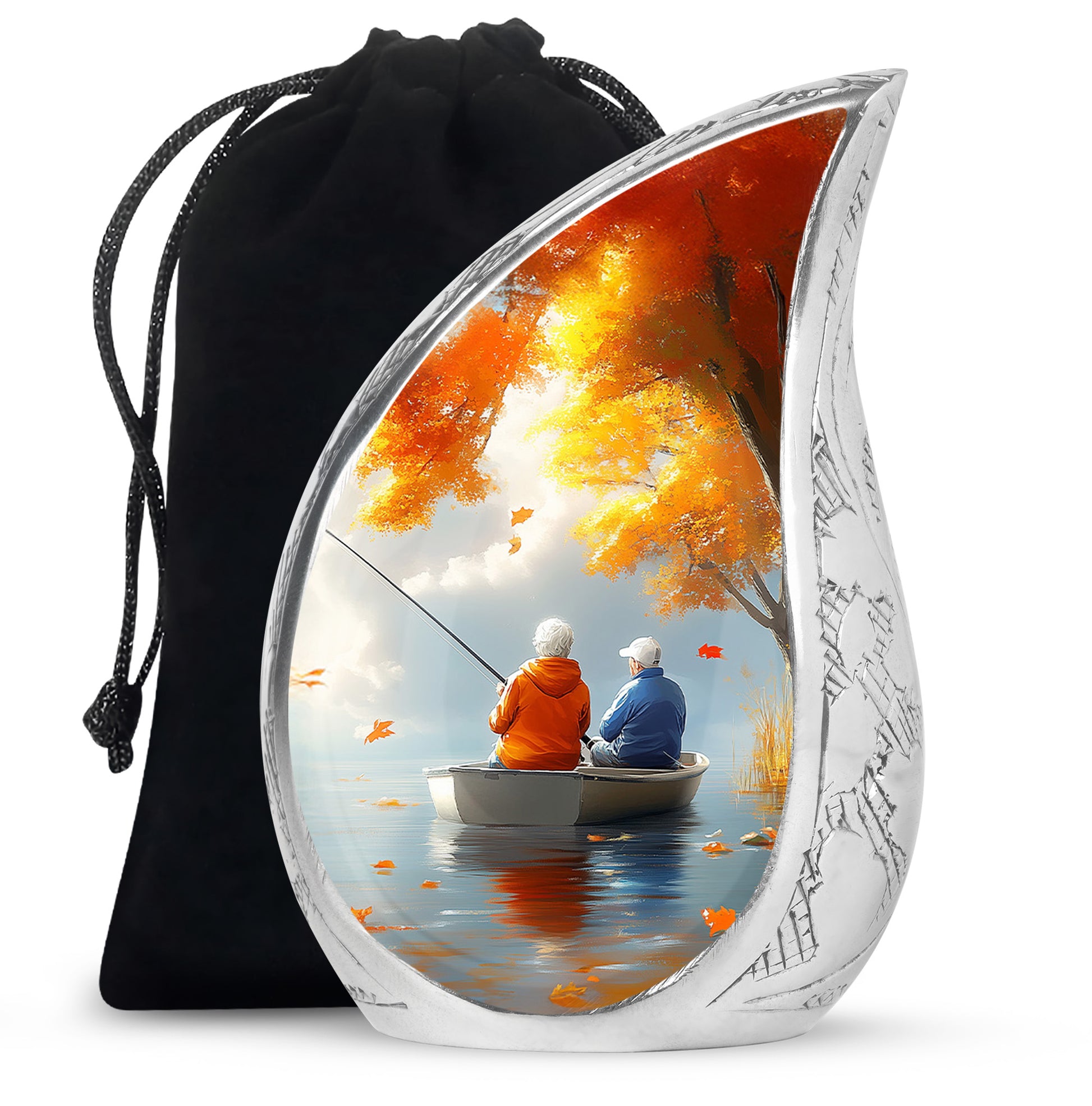 Harvest Gold Fishing Cremation Urn front view showing detailed design - graceful tear-shaped urn with fishing motif - full-size 10 inch 200 cubic inch adult cremation urn