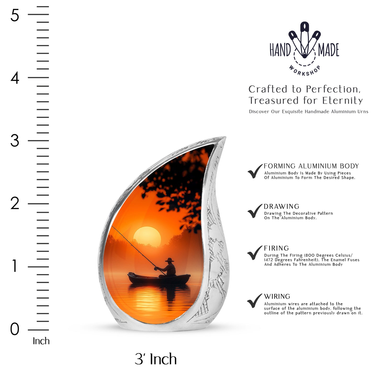 Antique Gold Fishing Cremation Urn angled view of lid and engraved motif - flowing teardrop fishing silhouette on curved aluminum - mini keepsake memorial for portion of cremation ashes