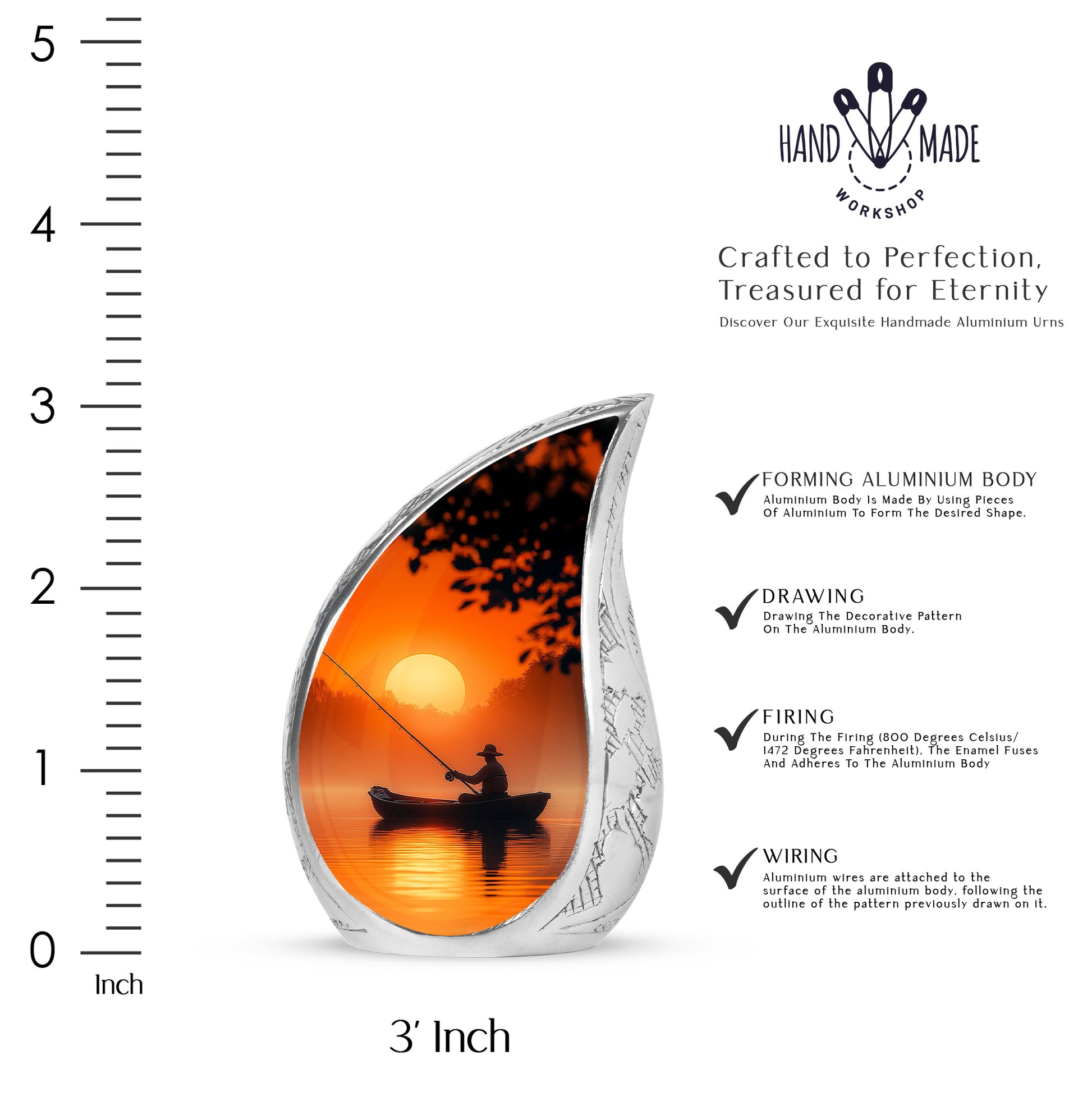 Antique Gold Fishing Cremation Urn angled view of lid and engraved motif - flowing teardrop fishing silhouette on curved aluminum - mini keepsake memorial for portion of cremation ashes
