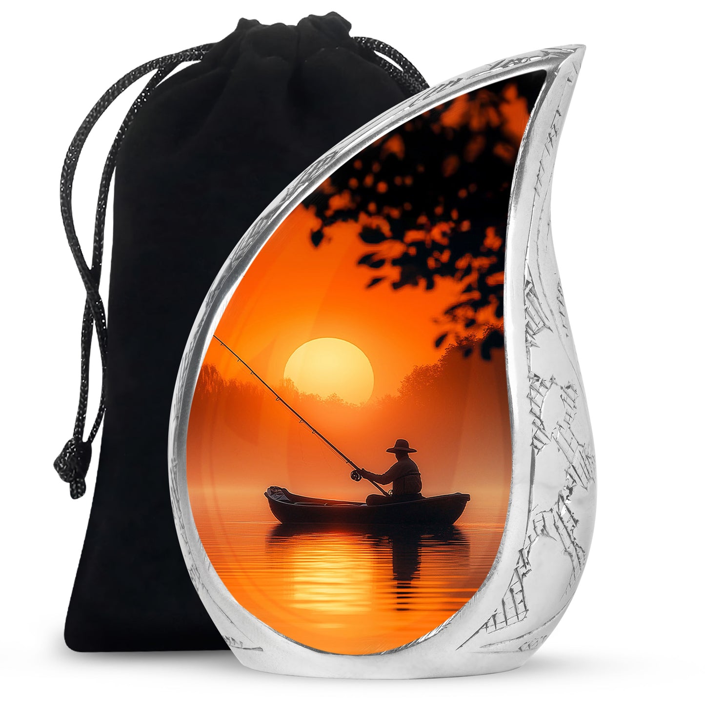 Royal Gold Fishing Cremation Urn front view showing detailed design - graceful tear-shaped urn with fishing motif - full-size 10 inch 200 cubic inch adult cremation urn