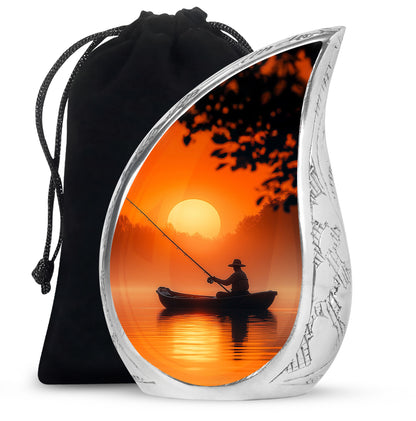 Royal Gold Fishing Cremation Urn front view showing detailed design - graceful tear-shaped urn with fishing motif - full-size 10 inch 200 cubic inch adult cremation urn