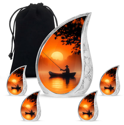 Royal Gold Fishing Cremation Urn side profile showing urn shape - smooth teardrop contour featuring fishing art - memorial set with one large and four small urns