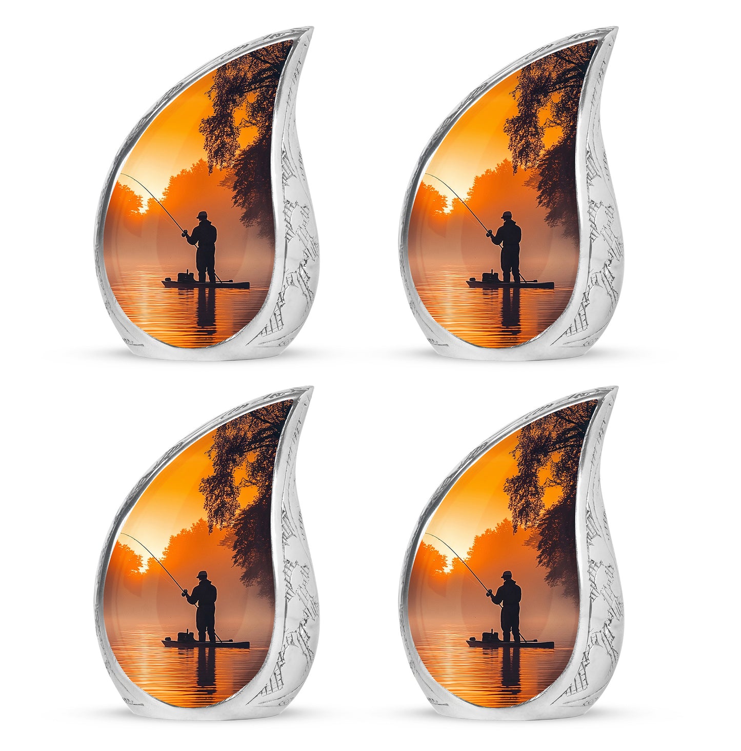 Sunrise Gold Fishing Cremation Urn close-up of engraving and surface detail - rounded teardrop fishing design with delicate detail - 10 inch aluminum urn for cremated remains