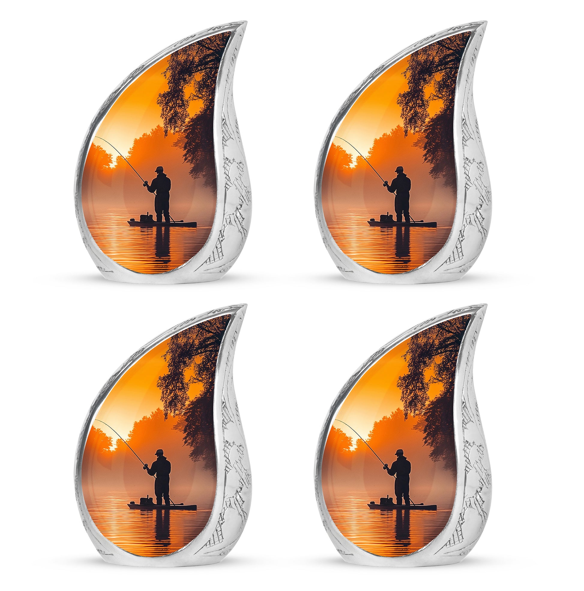 Sunrise Gold Fishing Cremation Urn close-up of engraving and surface detail - rounded teardrop fishing design with delicate detail - 10 inch aluminum urn for cremated remains