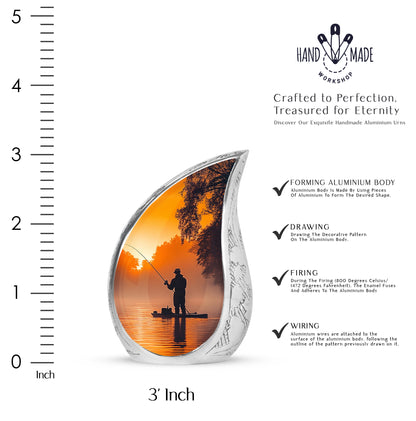 Matte Gold Fishing Cremation Urn angled view of lid and engraved motif - smooth teardrop contour featuring fishing art - mini keepsake memorial for portion of cremation ashes