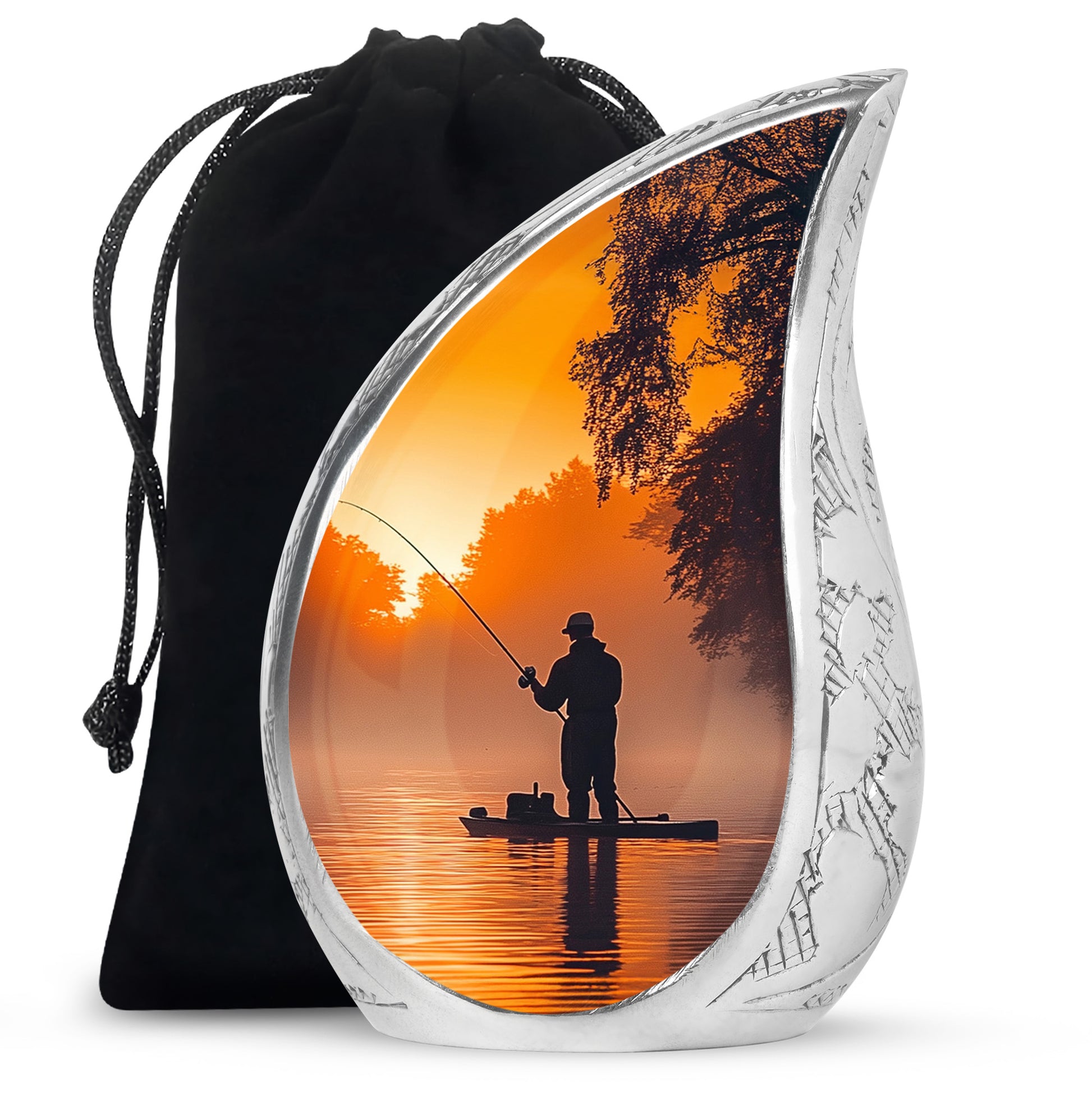 Gilded Gold Fishing Cremation Urn front view showing detailed design - flowing teardrop fishing silhouette on curved aluminum - full-size 10 inch 200 cubic inch adult cremation urn
