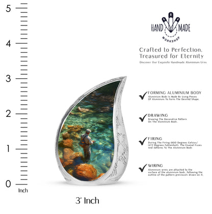 Forest Green Fishing Cremation Urn angled view of lid and engraved motif - smooth teardrop contour featuring fishing art - mini keepsake memorial for portion of cremation ashes