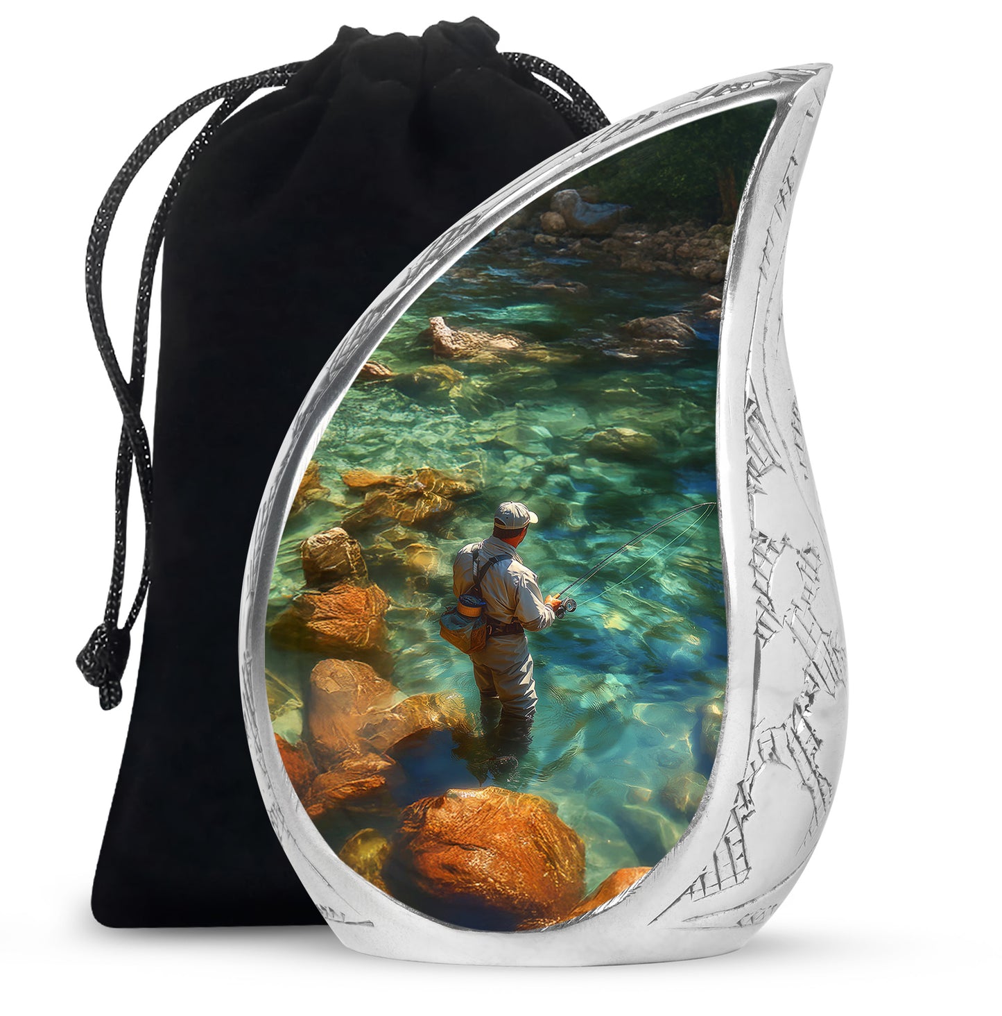 Olive Green Fishing Cremation Urn front view showing detailed design - graceful tear-shaped urn with fishing motif - full-size 10 inch 200 cubic inch adult cremation urn